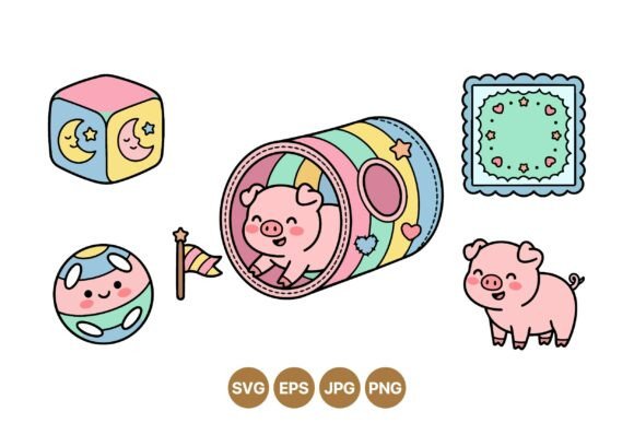 Cute Baby Piglet Playtime Clipart: Graphics & Illustrations
